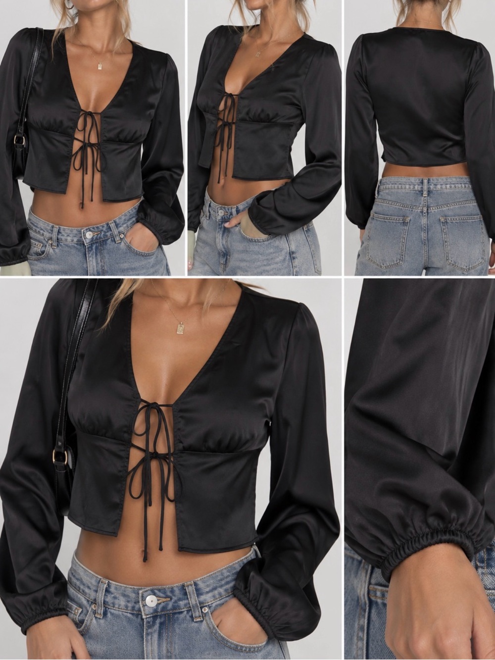 PRINCESS POLLY Black Tie-Front Satin Crop Top Small
